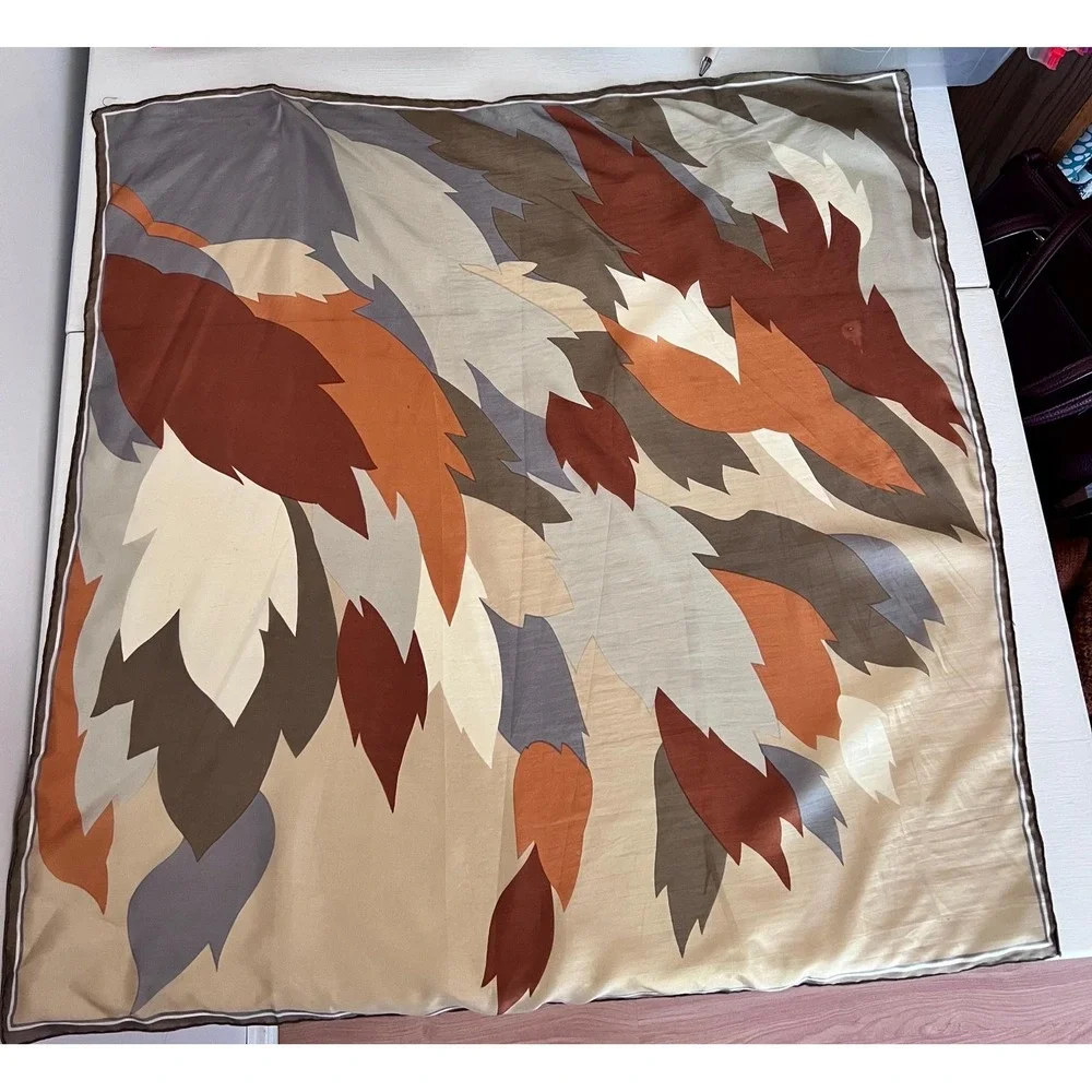 Vintage‎ Abstract Leaf Print Square Silk Scarf Tan Rust Grey Earth Tones 28x29
